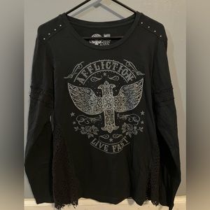 Affliction Women's Long Sleeve Shirt Edgy Cross Biker XL Detailing Y2K Grunge